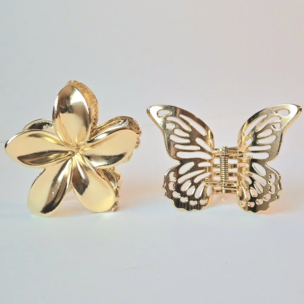 Gold Metal Claw Hair Clips Set of 2-Butterfly Filigree NWOT & Flower Bloom EUC